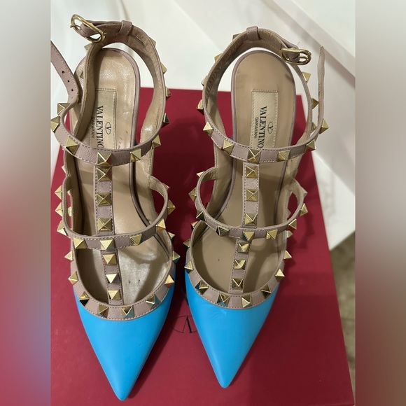 VALENTINO Rockstud Accents Leather Gold Stud T-strap Bright Blue Pump Heel 37 - Picture 4 of 15